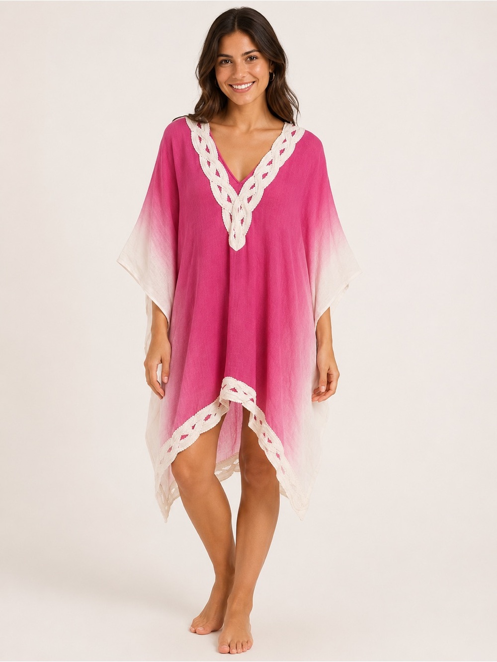 NWT Soft Surroundings 100% Linen Ombre Crochet Trim Caftan Cover Up Pink White